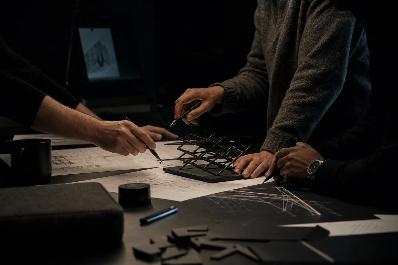 Illustration of engineers collaborating around a physical prototype